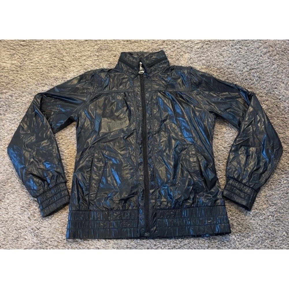 The North Face Men's Black Shiny Hooded Nylon Windbreaker Jacket Full Zip Small